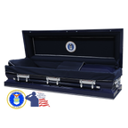 The Hero Airforce Full Couch casket — navy blue 18-gauge steel with dark blue velvet interior (view 2)