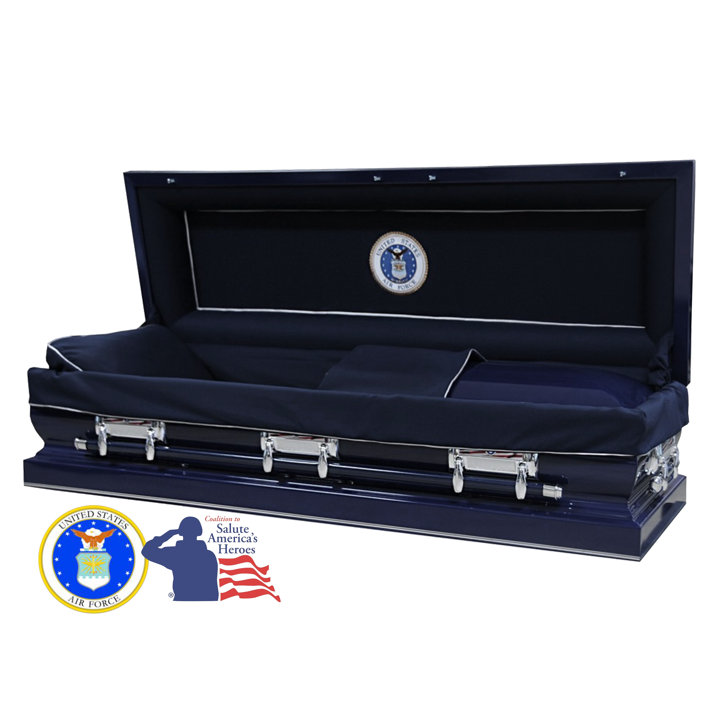 The Hero Airforce Full Couch casket — navy blue 18-gauge steel with dark blue velvet interior (view 2)