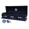 The Hero Airforce Full Couch casket — navy blue 18-gauge steel with dark blue velvet interior