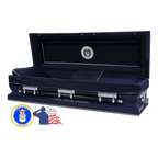 The Hero Airforce Full Couch casket — navy blue 18-gauge steel with dark blue velvet interior