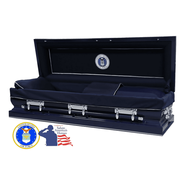 The Hero Airforce Full Couch casket — navy blue 18-gauge steel with dark blue velvet interior