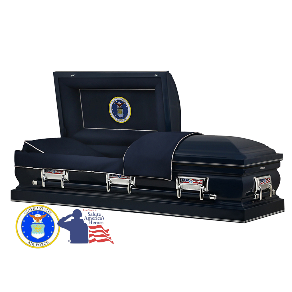 The Hero Airforce casket — navy blue 18-gauge steel with dark blue velvet interior (view 2)