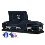 The Hero Airforce casket — navy blue 18-gauge steel with dark blue velvet interior (view 2)