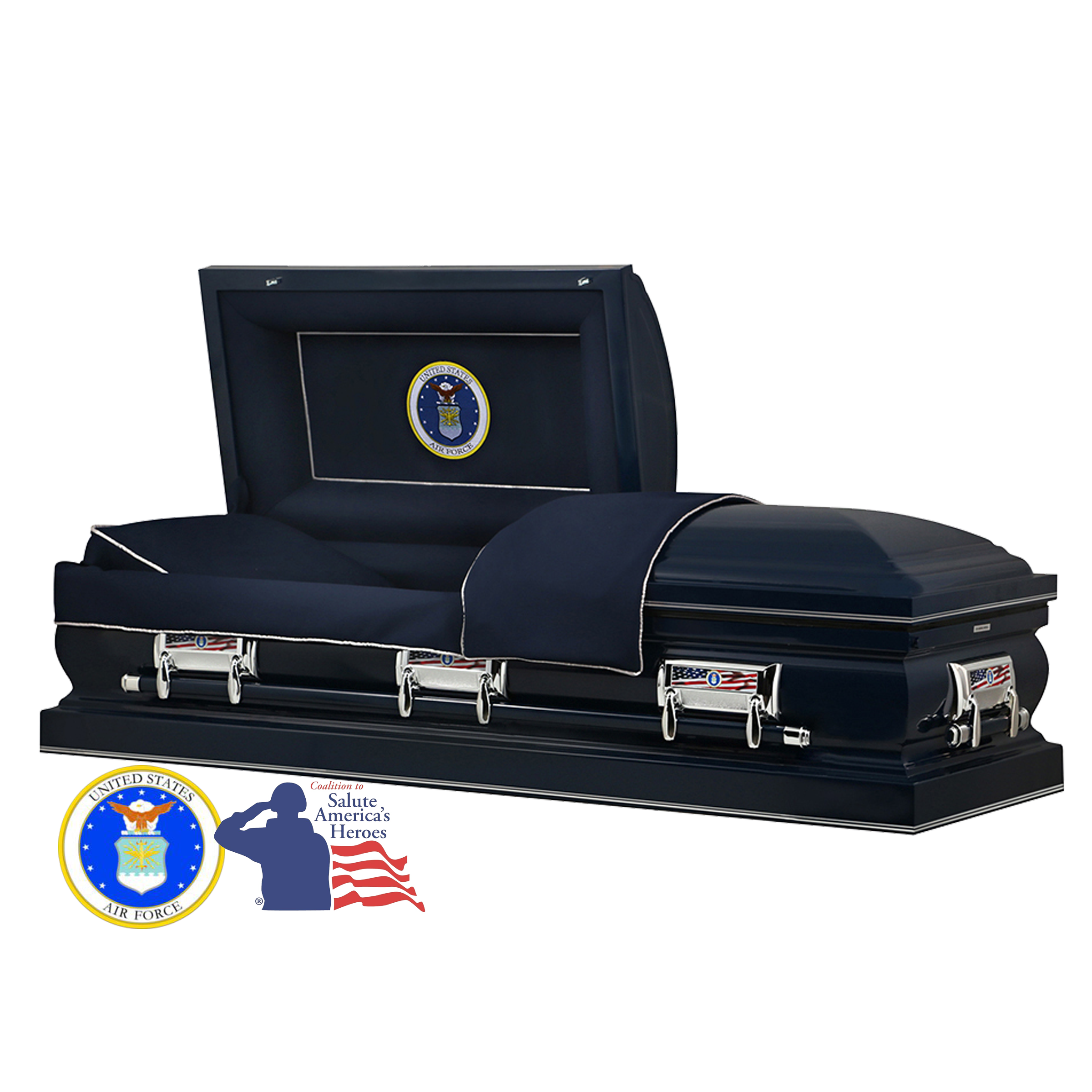 The Hero Airforce casket — navy blue 18-gauge steel with dark blue velvet interior (view 2)
