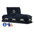 The Hero Airforce casket — navy blue 18-gauge steel with dark blue velvet interior
