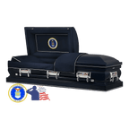 The Hero Airforce casket — navy blue 18-gauge steel with dark blue velvet interior