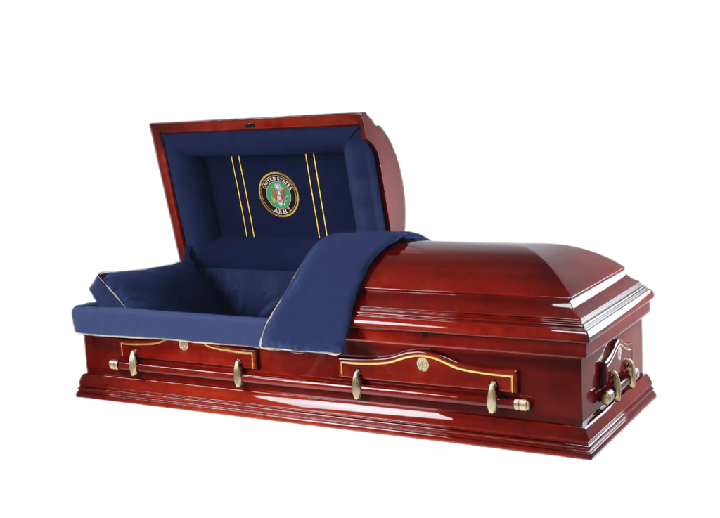 Hero Army Wood Casket — solid poplar with navy blue velvet interior