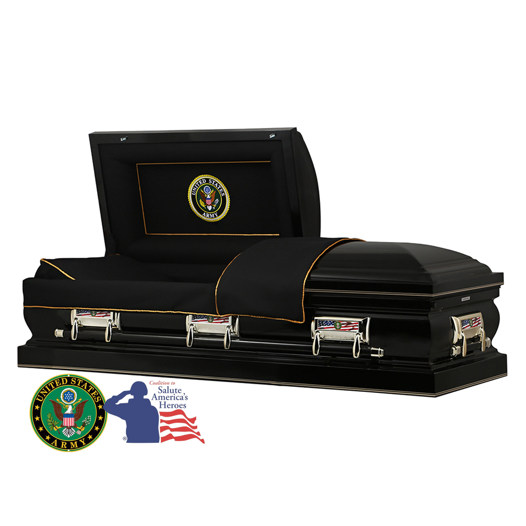 The Hero Army Casket — black 18-gauge steel with black velvet interior (view 2)