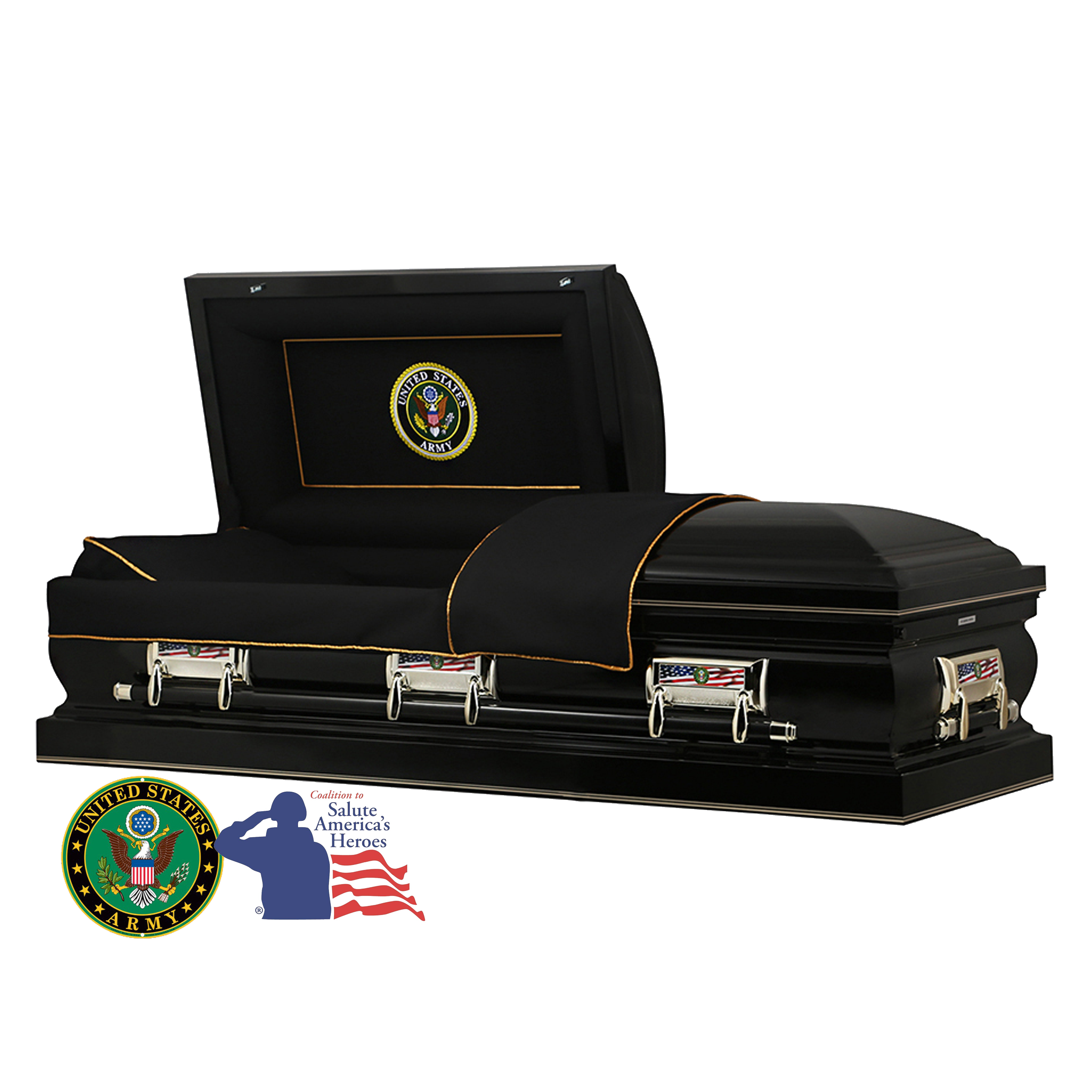 The Hero Army Casket — black 18-gauge steel with black velvet interior (view 2)