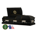 The Hero Army Casket — black 18-gauge steel with black velvet interior