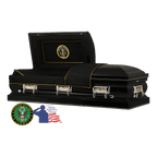 The Hero Army Casket — black 18-gauge steel with black velvet interior