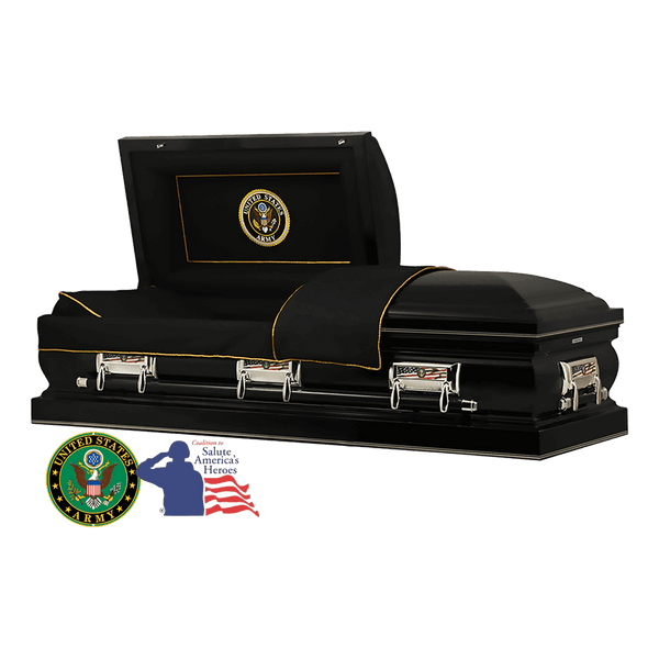 The Hero Army Casket — black 18-gauge steel with black velvet interior