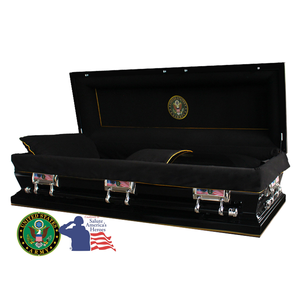 The Hero Army Full Couch Casket — black 18-gauge steel with black velvet interior (view 2)
