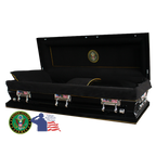 The Hero Army Full Couch Casket — black 18-gauge steel with black velvet interior (view 2)
