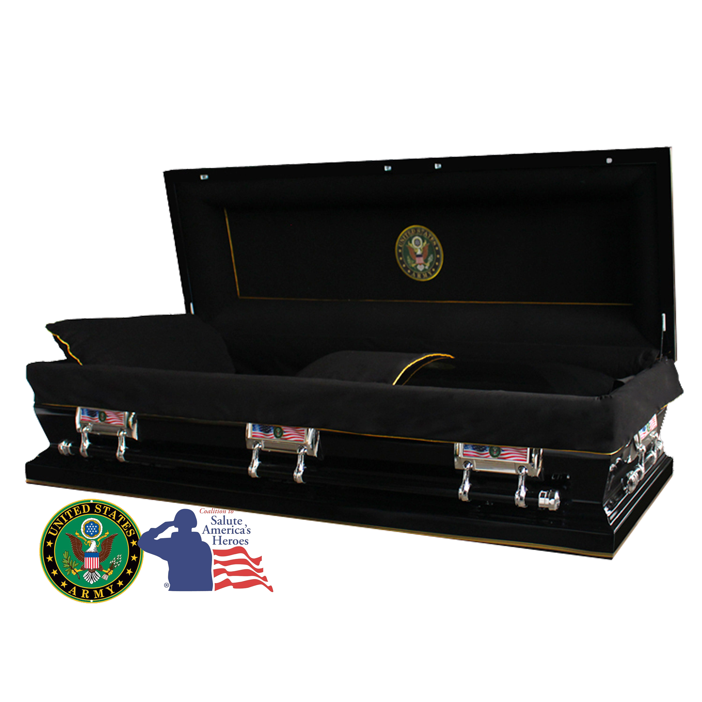 The Hero Army Full Couch Casket — black 18-gauge steel with black velvet interior (view 2)