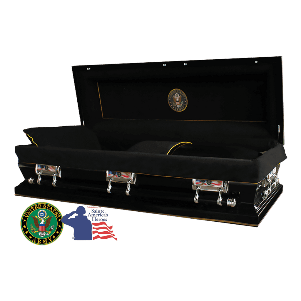 The Hero Army Full Couch Casket — black 18-gauge steel with black velvet interior