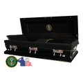 The Hero Army Full Couch Casket — black 18-gauge steel with black velvet interior