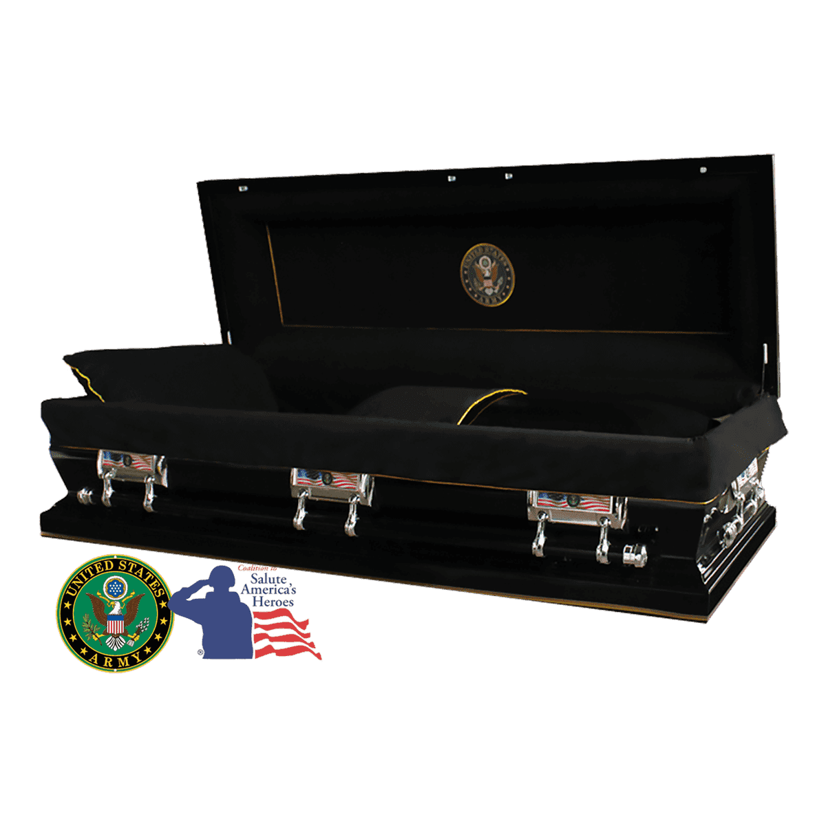 The Hero Army Full Couch Casket — black 18-gauge steel with black velvet interior