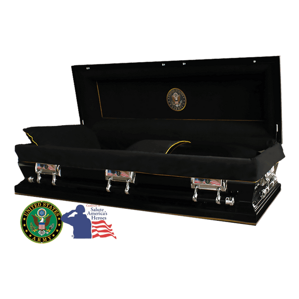 The Hero Army Full Couch Casket — black 18-gauge steel with black velvet interior