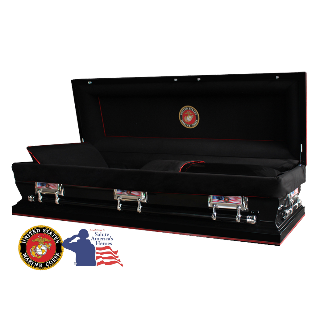 The Hero Black Marine Corps Full Couch casket — black 18-gauge steel with black velvet interior (view 2)