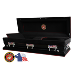 The Hero Black Marine Corps Full Couch casket — black 18-gauge steel with black velvet interior (view 2)
