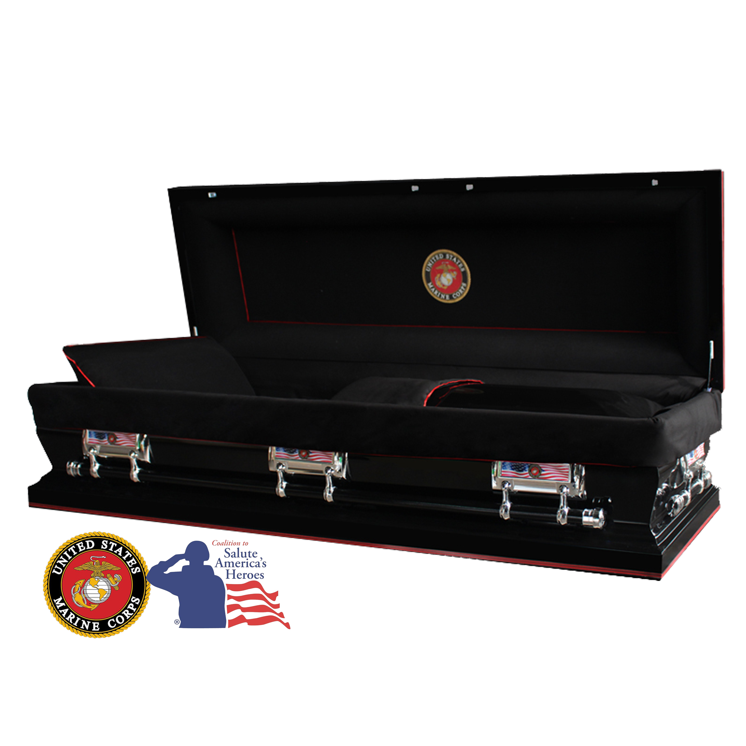 The Hero Black Marine Corps Full Couch casket — black 18-gauge steel with black velvet interior (view 2)