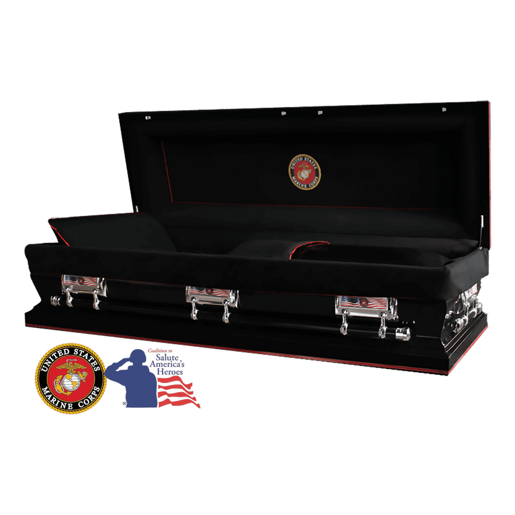 The Hero Black Marine Corps Full Couch casket — black 18-gauge steel with black velvet interior