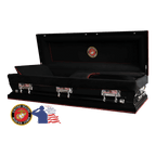 The Hero Black Marine Corps Full Couch casket — black 18-gauge steel with black velvet interior
