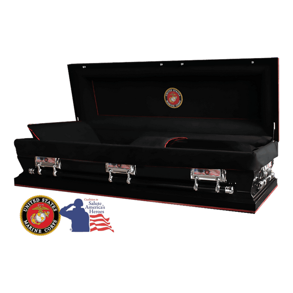 The Hero Black Marine Corps Full Couch casket — black 18-gauge steel with black velvet interior