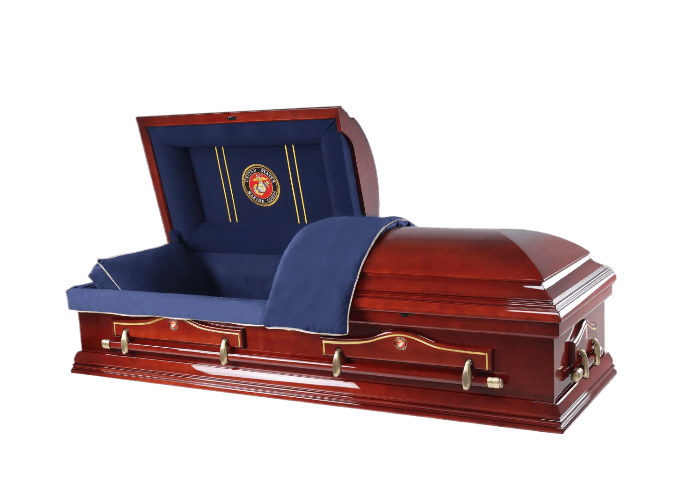 Hero Marine Wood Casket — solid poplar with navy blue velvet interior (view 2)