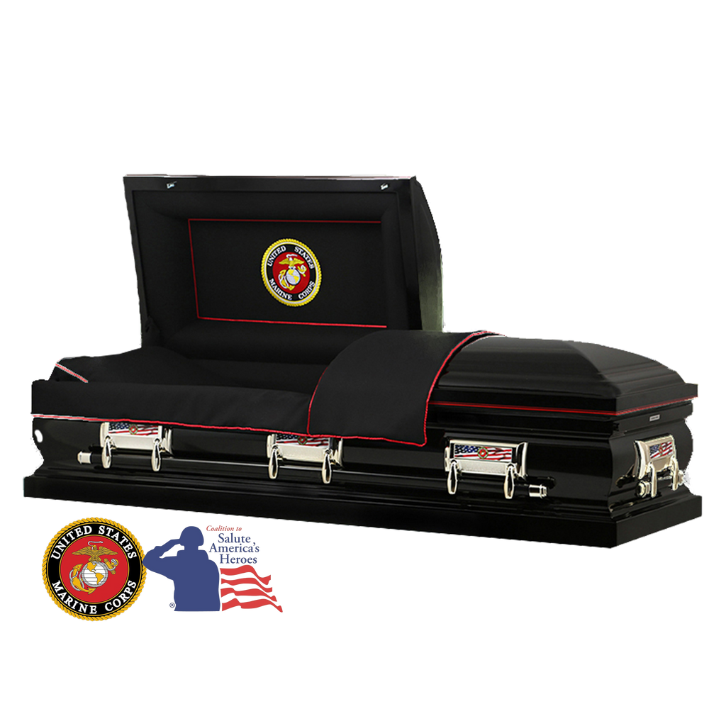 The Hero Black Marine Corps casket — black 18-gauge steel with black velvet interior (view 2)