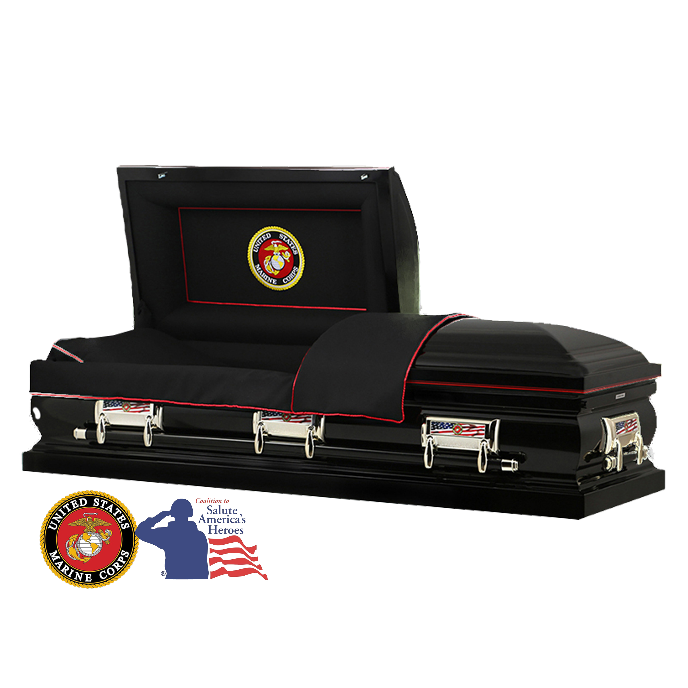 The Hero Black Marine Corps casket — black 18-gauge steel with black velvet interior (view 2)
