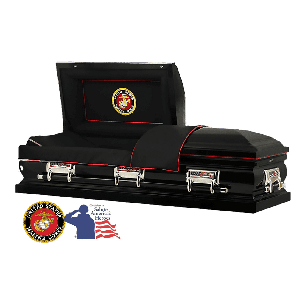 The Hero Black Marine Corps casket — black 18-gauge steel with black velvet interior