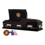 The Hero Black Marine Corps casket — black 18-gauge steel with black velvet interior