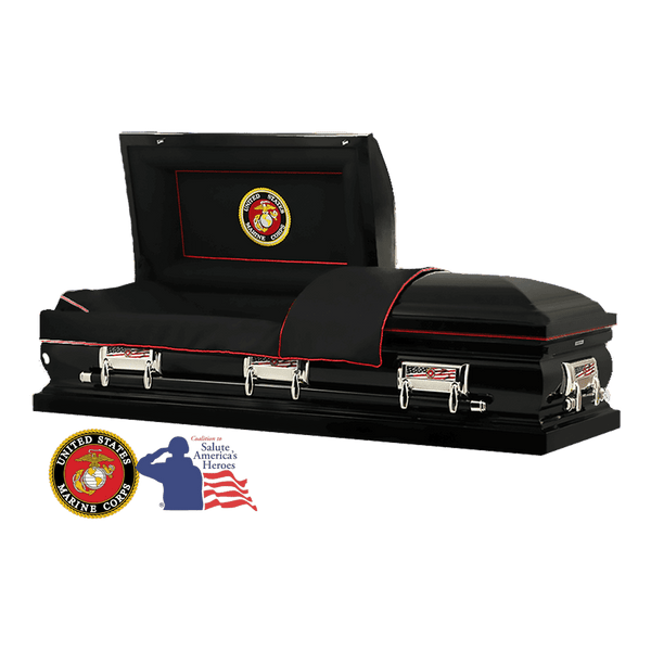 The Hero Black Marine Corps casket — black 18-gauge steel with black velvet interior