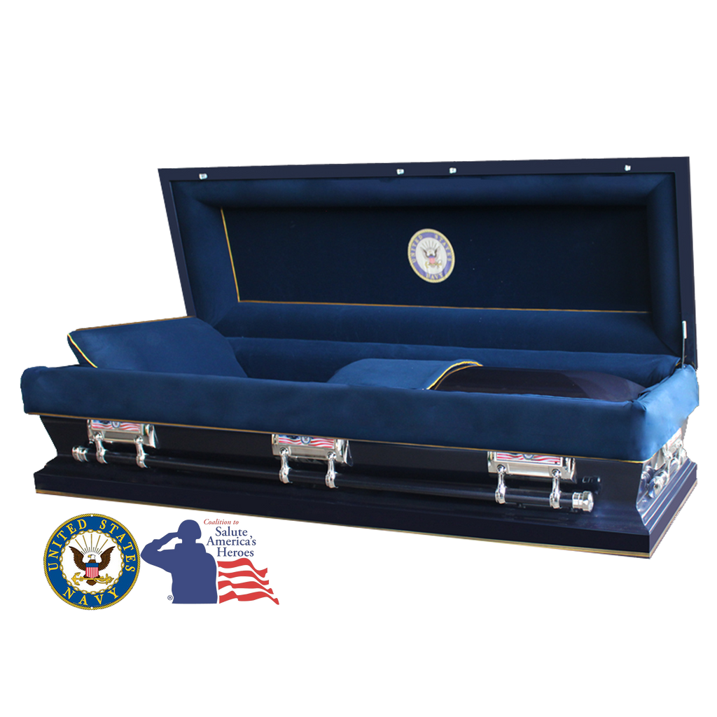 The Hero Neo Navy Full Couch casket — blue 18-gauge steel with blue velvet interior (view 2)