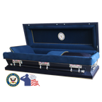 The Hero Neo Navy Full Couch casket — blue 18-gauge steel with blue velvet interior (view 2)
