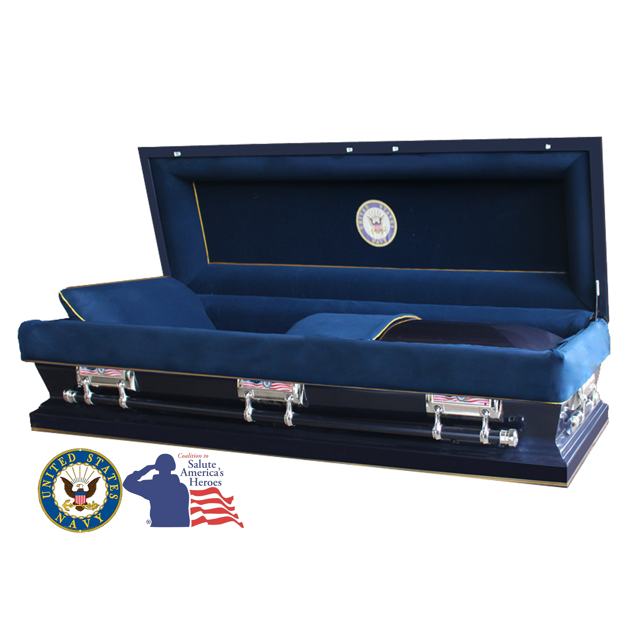 The Hero Neo Navy Full Couch casket — blue 18-gauge steel with blue velvet interior (view 2)