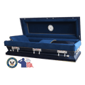 The Hero Neo Navy Full Couch casket — blue 18-gauge steel with blue velvet interior
