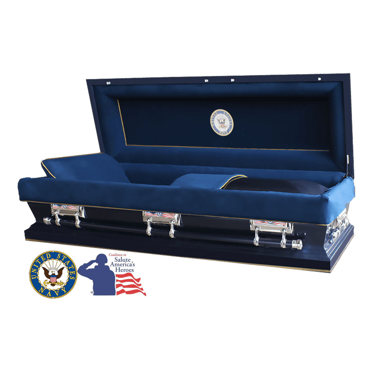 The Hero Neo Navy Full Couch casket — blue 18-gauge steel with blue velvet interior