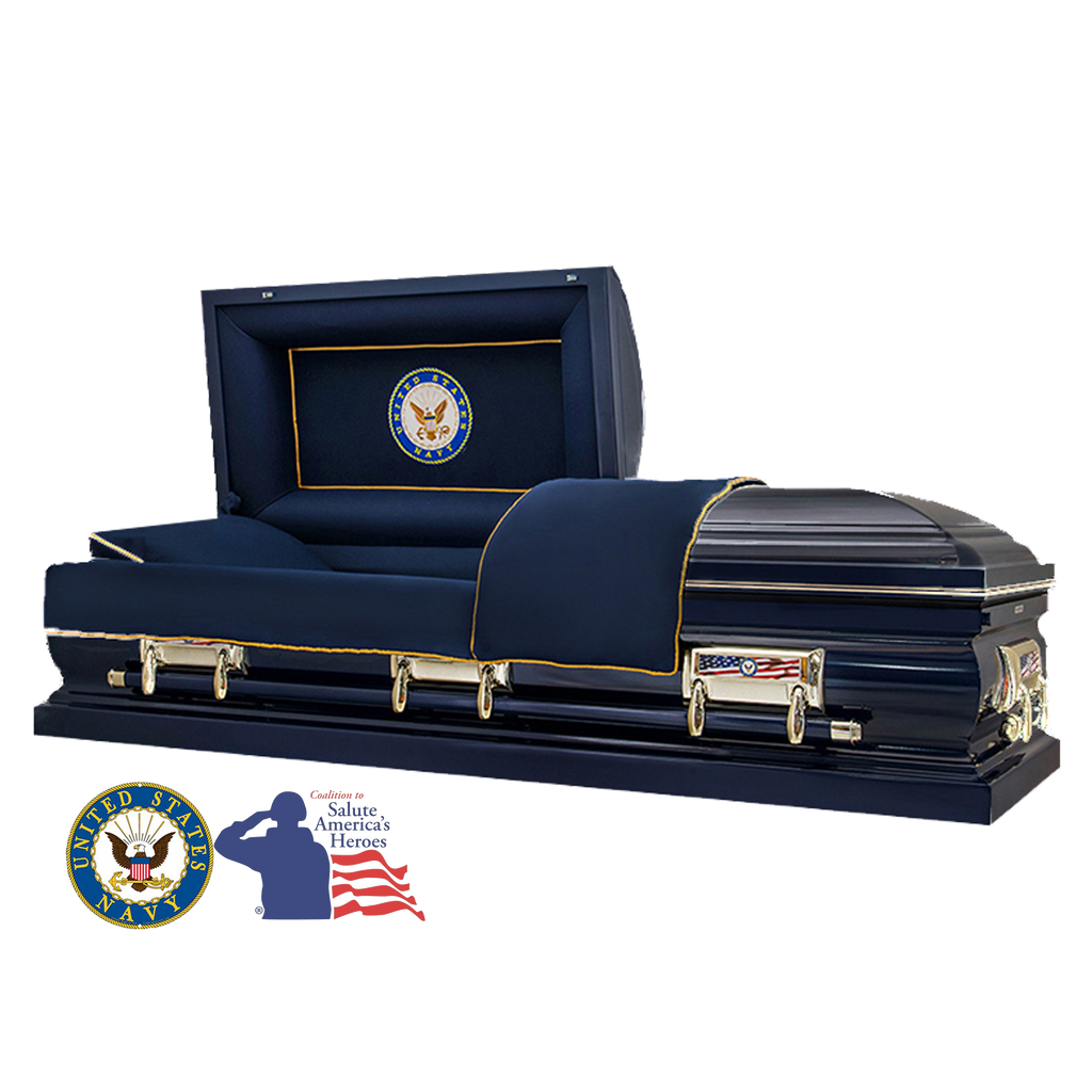 The Hero Neo Navy casket — blue 18-gauge steel with blue velvet interior (view 2)