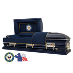 The Hero Neo Navy casket — blue 18-gauge steel with blue velvet interior (view 2)