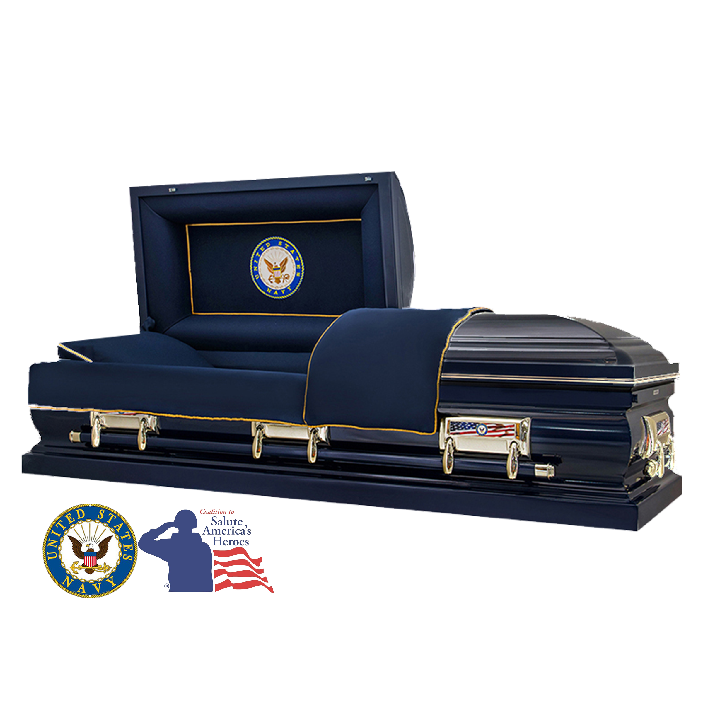 The Hero Neo Navy casket — blue 18-gauge steel with blue velvet interior (view 2)