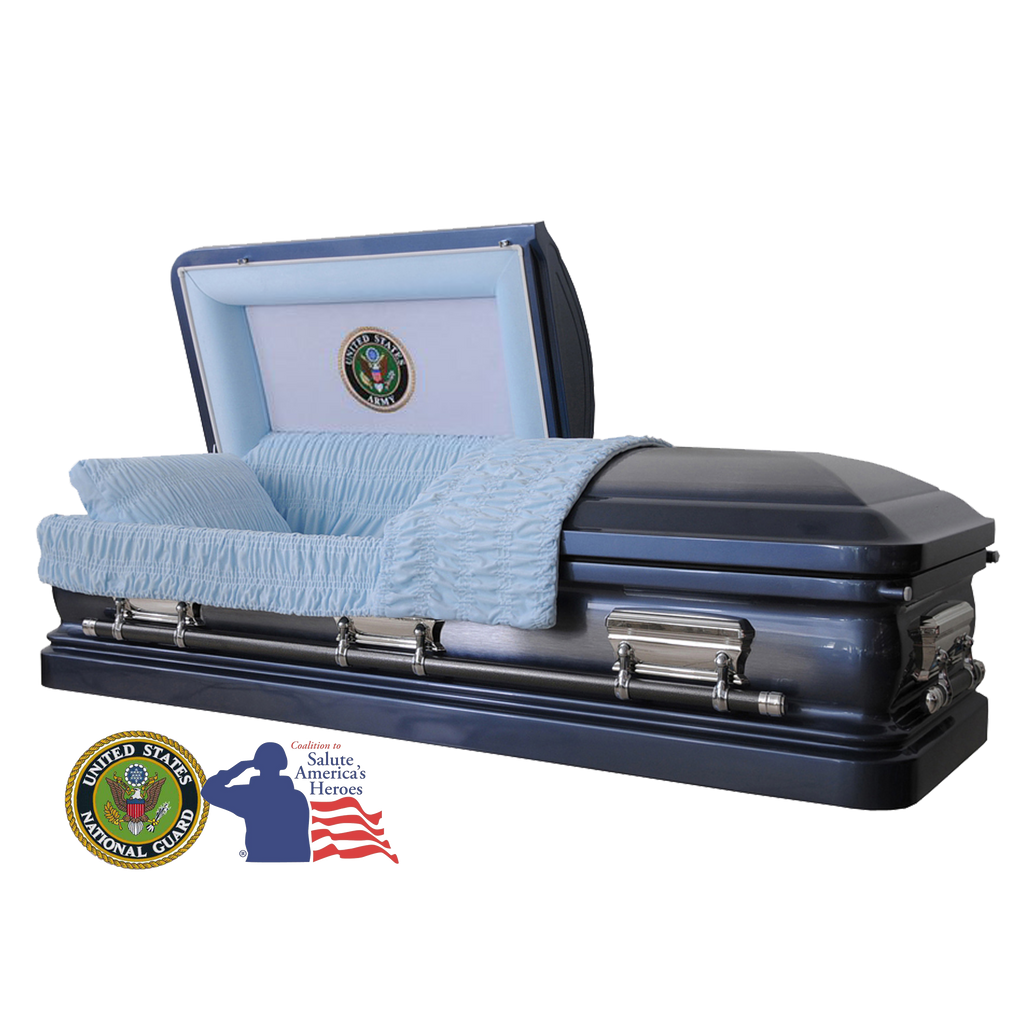 The Hero UC Blue Army casket — blue 18-gauge steel with blue velvet interior (view 2)