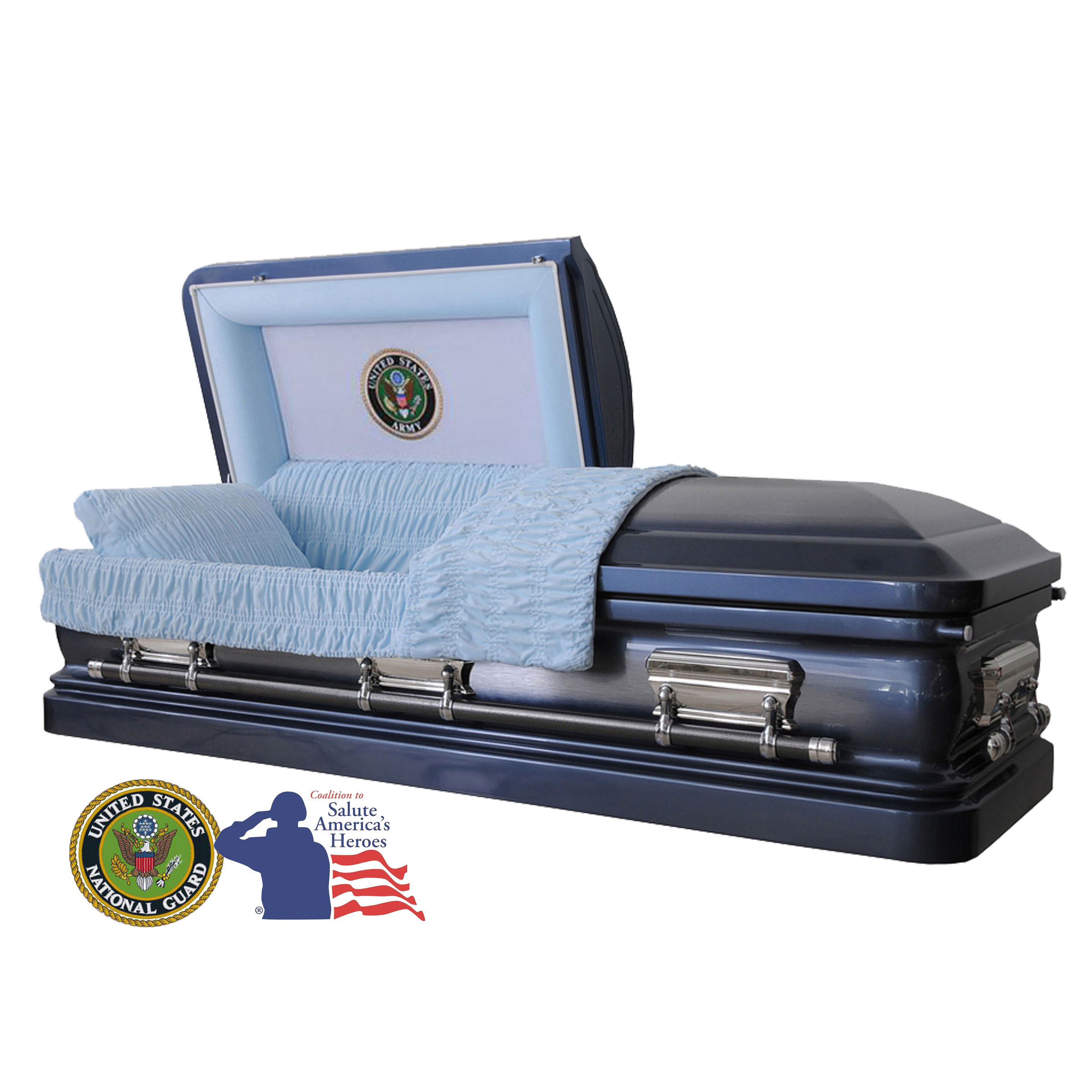 The Hero UC Blue Army casket — blue 18-gauge steel with blue velvet interior (view 2)