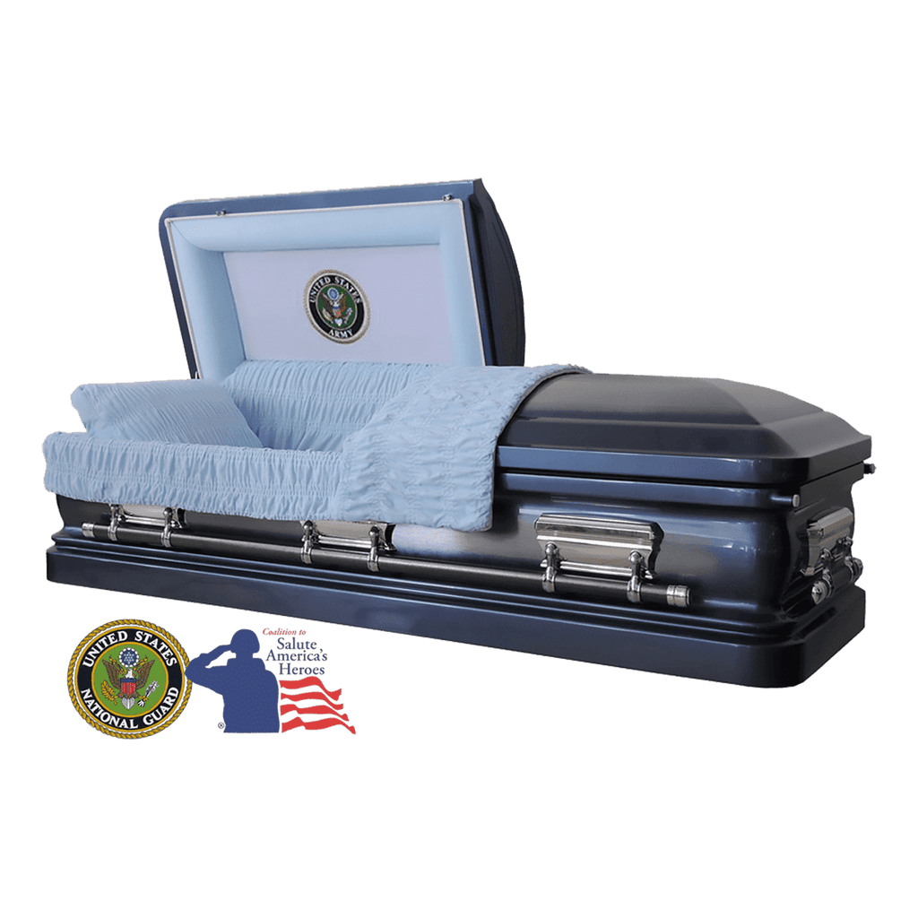 The Hero UC Blue Army casket — blue 18-gauge steel with blue velvet interior