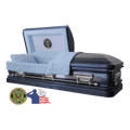 The Hero UC Blue Army casket — blue 18-gauge steel with blue velvet interior
