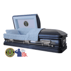 The Hero UC Blue Army casket — blue 18-gauge steel with blue velvet interior