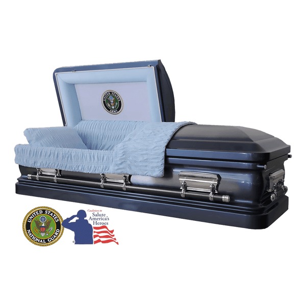 The Hero UC Blue Army casket — blue 18-gauge steel with blue velvet interior