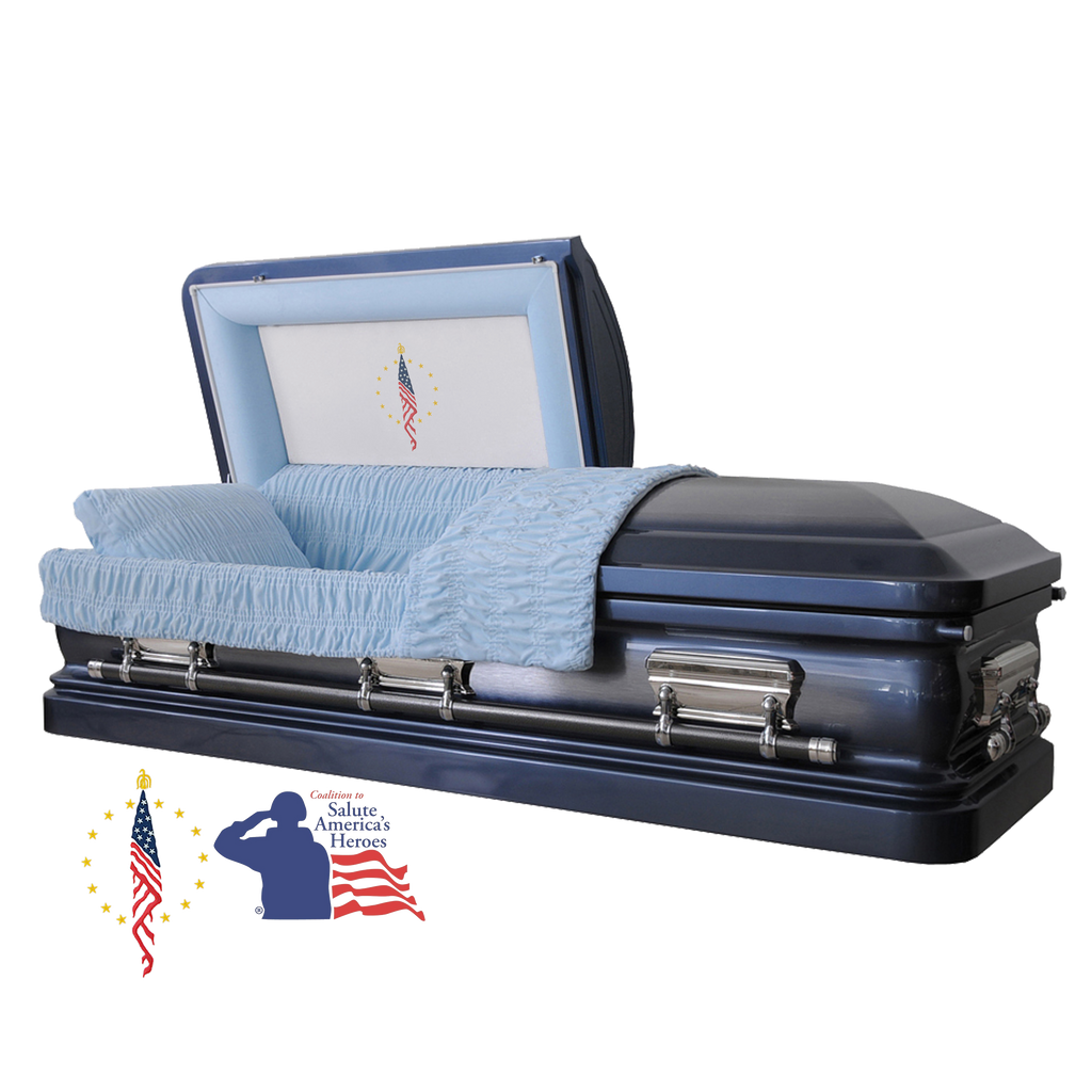 The Hero UC Blue Flag casket — blue 18-gauge steel with blue velvet interior (view 2)